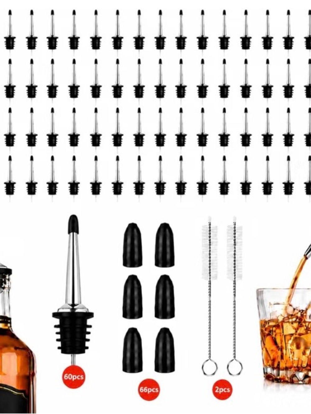 New - 60 Pack Stainless Steel Bottle Pour Spouts with Dust Caps Oil Wine Syrup